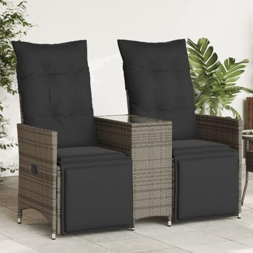 IKAYAA Balkonmöbel Set mit integriertem Tisch, Verstellbare Hochlehner Stühlen, Polyrattan Gartenbank 2-Sitzer, Gartensofa 2-Sitzer, Balkon Sitzgruppe, Grau und Dunkelgrau, Hartglas Tisch