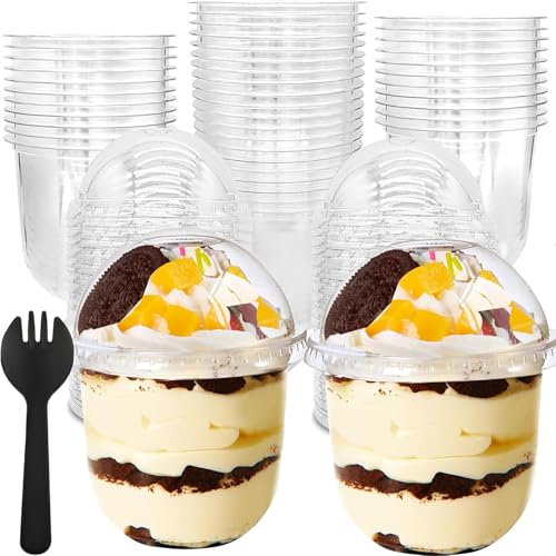 Oursouion 50Pcs Dessert Cups with Dome Lids 12oz/360ml Reusable Plastic Dessert Cups with Spoon Clear Cheesecake Pots Containers for Cupcake,Pudding,Snacks,Yogurt,Parfait,Fruits,Mousse Party,Birthday