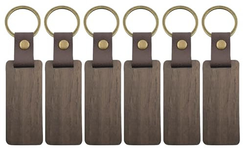 6 Pièces Porte-Clés en Bois Personnalisables, Cuir Bricolage Porte-CléS en Bois, Cadeau Personnalisé avec Gravure pour Famille & Amis