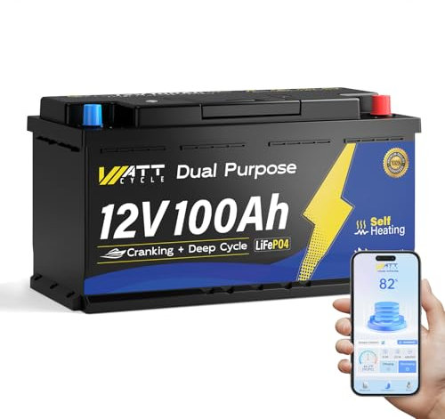 Wattcycle Batería LiFePO4 de 12 V, 100 Ah, con calefacción automática y batería de arranque, doble función