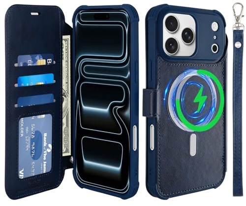 VANAVAGY Wallet Case for iPhone 17 Pro for Magsafe,Navy Blue | PU Leather Flip,Slim,12ft Drop Protection,RFID Blocking Card Holder,Magsafe Wireless Charging,Includes Screen Protector
