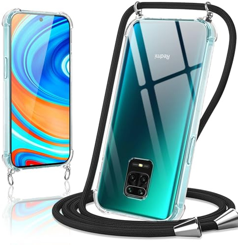 Coiwxmoi Handyband Handyhülle für Xiaomi Redmi Note 9S / 9 Pro / 9 Pro Max Hülle mit Band 6,67,Transparent Case mit Kette Abnehmbar zum Umhängen Schutzhülle,Weich Silikon TPU Stoßfest Cover,Schwarz