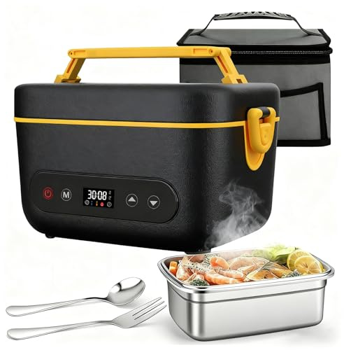 Contenitore per il pranzo elettrico senza fili, per adulti, 1,2 l, 12000 mAh, ricaricabile, portatile, con timer e riscaldamento regolabile, con borsa isolante, per ufficio, auto, esterno (nero-giallo