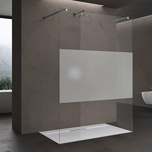doporro Duschwand für Dusche Duschabtrennung 130x200 Walk-In mit Doppel-Stabilisator aus Echtglas 10mm ESG-Sicherheitsglas Milchglas-Streifen inkl. Nanobeschichtung