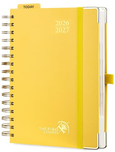 POPRUN Tagesplaner 2026 2027 Spiralbuch mit Hardcover ca.A5(14 x 20,9cm) | Tageskalender 1 Tag 1 Seite,(Montag - Sonntag),Terminplaner,(Aug.2026-Jul.2027),mit Plastiklineal(Hellgelb)