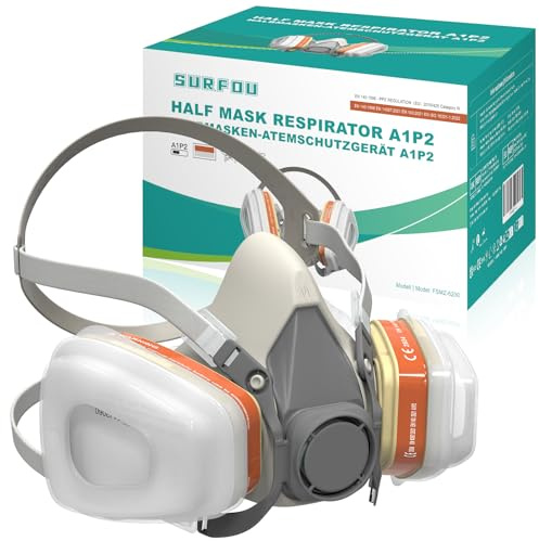 SURFOU Maschera Antipolvere con Filtro A1P2, Semimaschera Riutilizzabile con 2 Cartucce Filtro + 10 Prefiltri, per Verniciatura, Levigatura, Resina Epossidica e Spruzzatura
