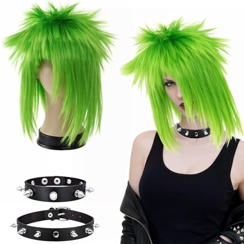 MUNSKT Punk Wig Set with Choker Bracelet,Long Mullet Adult Dress Up Wigs,Long Straight 70s 80s Mullet Rocker Wig,Diva Rocker Fancy Dress Wig for Carnival Party Festival Halloween (Green)