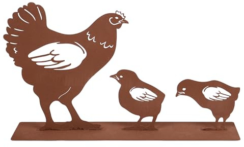UNUS Gartenaufsteller Hühnerfamilie Rost Metall Dekofigur wetterfest | für Garten & Terrasse, stabil, Edelrost Huhn mit Küken