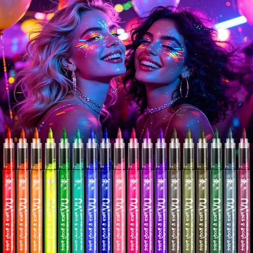 KASURE Peinture Corporelle Lavable, Stylo UV 18 Couleurs, Peinture Phosphorescente Corps, Marqueurs de Tatouage Peau Solubles, Maquillage Fluorescent dans le Noir, pour Fêtes,Soirées Fluos