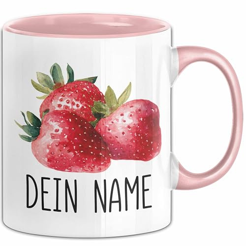 Erdbeere Tasse mit Namen – Personalisierte Tasse Erdbeeren Geschenkidee Obst Namentasse Geschenk (Rosa)