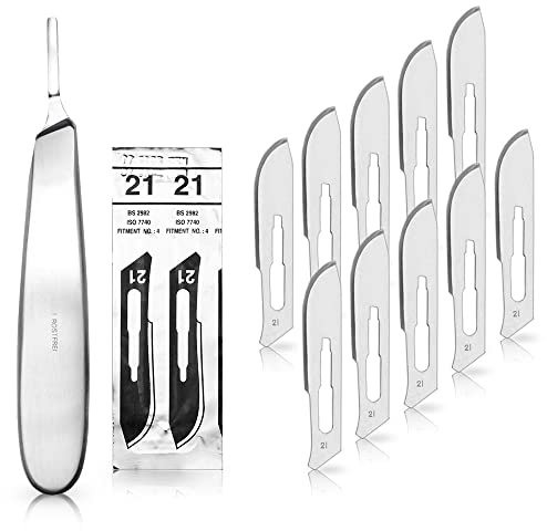 Lot de 10 lames de scalpel 21 en acier carbone - Lames de rechange emballées individuellement stériles + 1 support pour scalpel - Manche bombé - Acier inoxydable