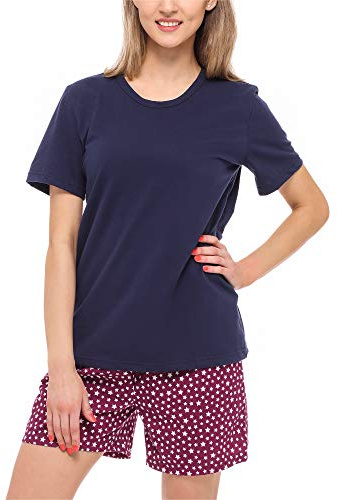 Merry Style Damen Schlafanzug Zweiteiler Pyjama Kurz aus Baumwolle Pyjama Set MS10-177 (Marineblau/Weinrot/Sterne, S)