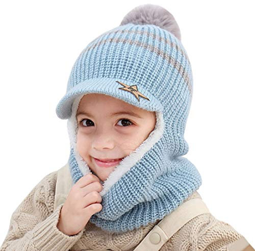 YONKOUNY Kinder Wintermütze Jungen Mädchen Warm Niedlich Strickmütze Schalmütze Schlupfmütze Beanie Mütze mit Fleecefutter (Blau)