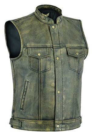 Leatherick Chaleco de motociclista de grano superior para hombre marrón envejecido con botones abiertos para montar y corte de moda de estilo chaleco, estilo SOA