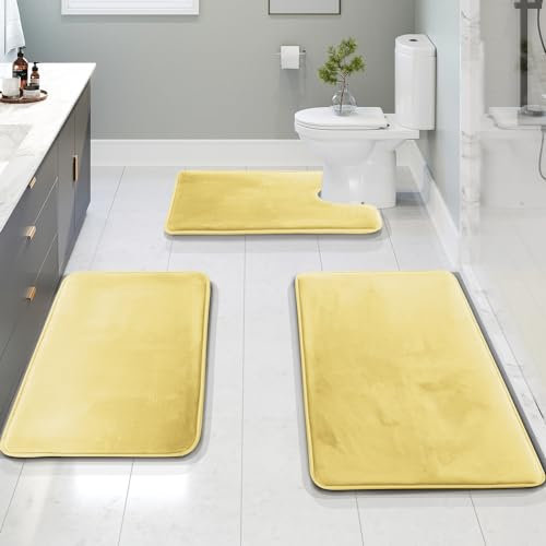 Clara Clark Badezimmerteppiche, Samt Memory Foam Badteppich - rutschfeste Badteppiche, Maschinenwäsche, Trocknet schnell - Ultraweiche Badematten für Badezimmer, 3 Stück Gelb Badezimmerteppich-Set