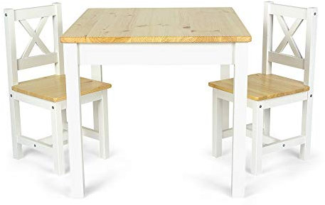 Leomark Weiß Holz Kindertisch und 2 Stühle - Pola - Kiefer Tisch Kinderstuhl für Kinder, Kindersitzgruppe, Sitzgruppe Dim: 70/60/53 (H) cm
