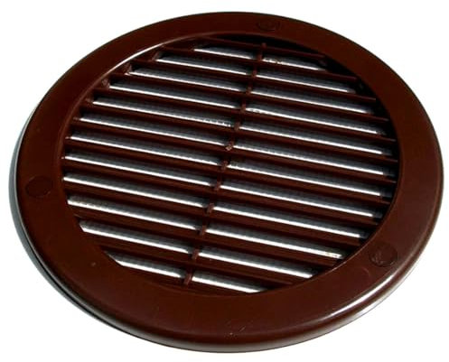 Brown Louvred Wall Vent Grille with Flyscreen and Screw Caps, Ø 200 mm / 8 in, Air Ventilation Duct Cover with Anti-Insect Mesh and Flat Back, Tough and Durable ABS Plastic
