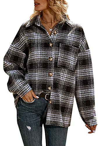 YMING Femme Carreaux Chemise Surdimensionné Mode Petit Ami Blouse Décontracté Veste à Carreaux Chemise Courte Blouse Noir Grille XXL