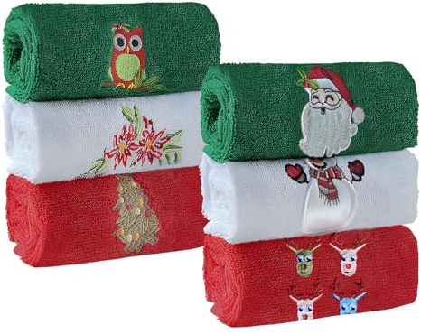 Christmas Hand Towels, 6 PCS Christmas Kitchen Towels, 12x18 In, 100% Cotton Christmas Bathroom Towels,Decorative Dish Towels,Embroidered Holiday Design Towels Gift Set, 3 Color (Red, Green, White)