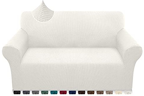 Earnmore Super Stretch Sofabezug 1 Stück Universal Couchbezug für Hunde Katze Elastische Jacquard Sofahusse mit Armlehnen (2 Sitzer, Creme)