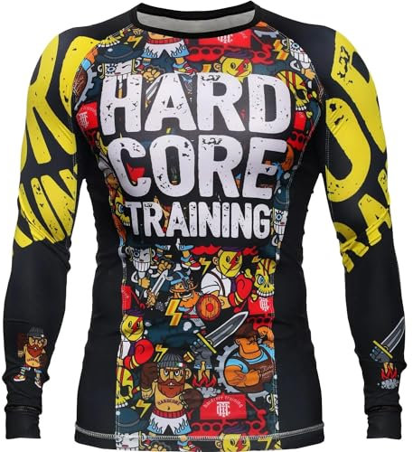 Hardcore Training Herren Manner Rashguard Kompression Lange Armel Jiu Jitsu MMA No-Gi Enge BJJ Grappling Basisschicht Kampf (XXL, Black Yellow)