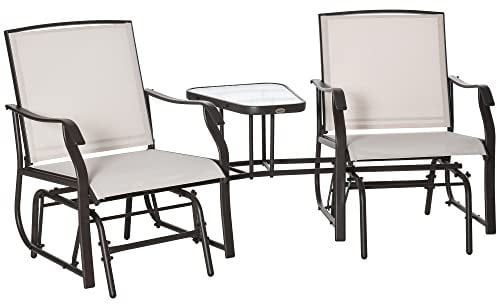 Outsunny Outdoor Double Glider Rocking Chairs with Glass Top Middle Table, Metal Gliding Love Seat Conversation Furniture with Breathable Mesh Fabric Seat, for Garden, Patio, Brown