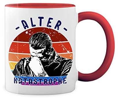 retro Alter Katastrophe vintage Lustiger Spruch Alter Weiße Tasse Mug mit roten Felgen und Griff