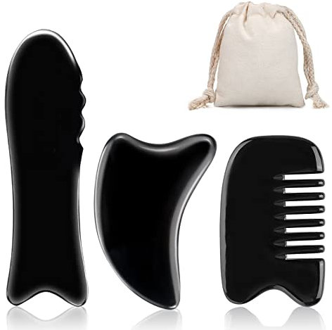 EQLEF Gua Sha Massage Tools, 2 Stück Horn Gua Sha Schaber, 1Stück Horn Gua Sha Kamm, Büffelhorn Gua Sha Guasha Massage-Werkzeugbrett