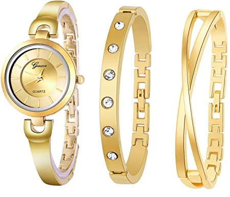 JewelryWe 3pcs Damenuhr Armreif Set Damen Einfach Metallarmband Analog Quarz Uhr Strass Infinity Unendlichkeit Zeichen Armband Schmuckset Geschenke für Frauen Gold