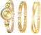 JewelryWe 3pcs Damenuhr Armreif Set Damen Einfach Metallarmband Analog Quarz Uhr Strass Infinity Unendlichkeit Zeichen Armband Schmuckset Geschenke für Frauen Gold