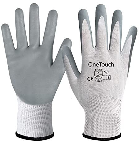 A406 12 Pairs White Work Gloves, Nitrile Coated Safety Work Gloves, Work Gloves Suitable for General Duty Builders Gloves, Nitrile Coated Gloves Gardening Gloves (Small)