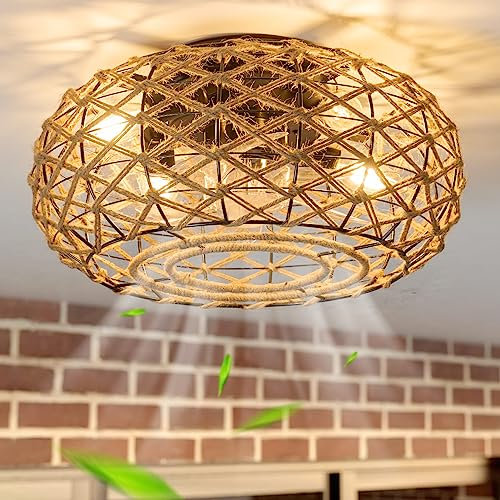 hummst Deckenventilator Mit Beleuchtung und Fernbedienung Leise,40CM Deckenventilator Mit Beleuchtung Rattan,6 Wind Speeds für Schlafzimmer Restaurant
