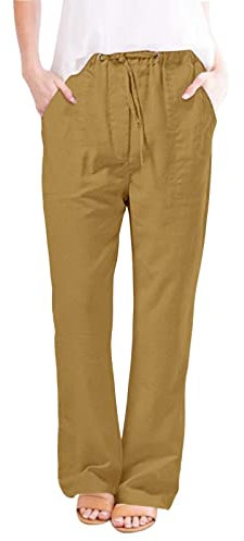 Hosen Damen High Waist Outdoor Hosen Für Damen Hosen Damen Stretch Einfarbiges Tunnelzug Stretch Leinenhose High Waist Freizeithose Geradem Bein Business Hose Schnittschutzhose (Gelb, 5XL)
