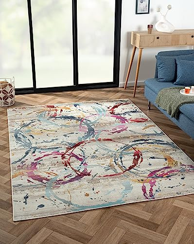 MY-RUG Wohnzimmerteppich Anjali V rechteckig blau bunt 170 x 240 cm Esszimmerteppich im Boho Style, Skandinavischer flach gewebt Vintage Teppich, Orient mit Muster