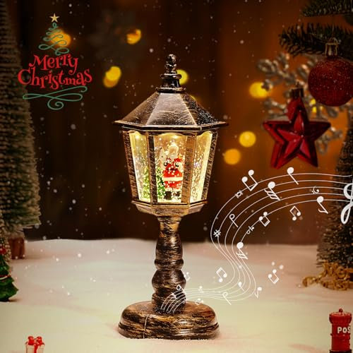 Auniq Weihnachts Schneekugel Laterne mit Musik, Schneelaterne Weihnachtskerze Vintage Weihnachten Wasser glitzernde Verschneiter Globus Nachtlicht, USB und batteriebetrieben Schneekugel Dekoration