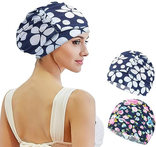 2 Pcs Gorro Piscina Mujer Niños Tela Gorro de Natación para Pelo Largo y Corto de Poliéster Suave Gorros Piscina Tela para Niños Mujeres (Flores de Colores Oscuros)