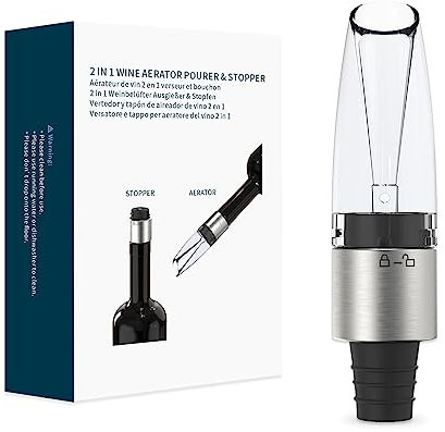 KITCHENDAO 2-in-1 Wine Aerator Pourer and Stopper, Premium Wine Air Aerator Pourer Decanter Spout Dispenser No Drip or Spill - BPA Free - Improve Taste and Bouquet Instantly - Dishwasher Safe - Black