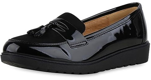 VAN HILL Damen Loafers Flach Lack Trendy Schuhe 213444 Schwarz Lack 36