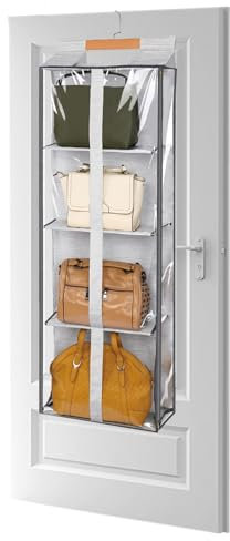 Handbag Storage Organizer,Hanging Purse Bag Organiser with 4 Clear Pockets,Foldable Dust-proof Holder Bag,Bedroom Wardrobe Closet Tote Bag Storage Shelves,Over The Door Handbags Organiser Shelf