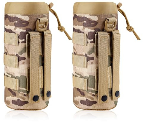 PEUTIER 2pcs Molle Water Bottle Holder, 1000D Nylon Sports Molle Pouch Carrier Bag with Drawstring Top Mesh Bottom Practical Cup Holder for Outdoor Camping (Camo Color)