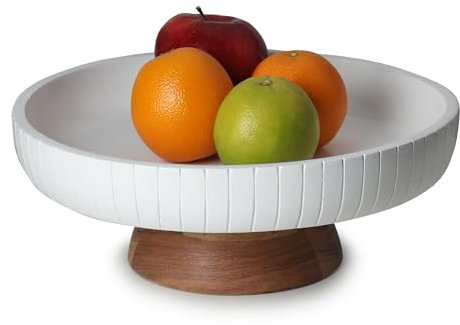 LAVAUK wooden fruit bowl with pedestal | 12 wide and 5 high | Pedestal made of sturdy acacia wood with natural finish |(White Glossy)