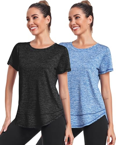 Deaviya Women's Sports T-Shirt Gym Tops, Short Sleeve Workout Casual Running Tops, Ladies Gym Yoga Sports Top, Crew Neck Fitness T-Shirts for Women, Loose Side Split Tee,Black+Blue L