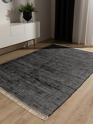 benuta Pop Tappeto cotone Tom - Nero 60x100 cm - Tessuto a mano per camera da letto, salotto, soggiorno - Riciclato - Adatto al riscaldamento a pavimento