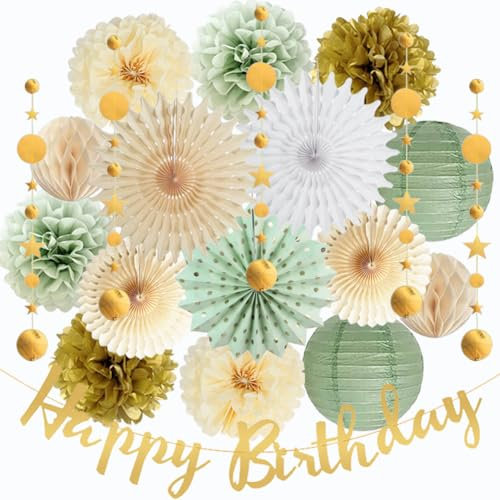 Sage Green and Gold Birthday Decorations for Women Girls Sage Green Gold Cream Paper Fans Pom Poms Happy Birthday Banner Gold Star Hanging Garland for Neutral Sage Green Birthday Party Decor