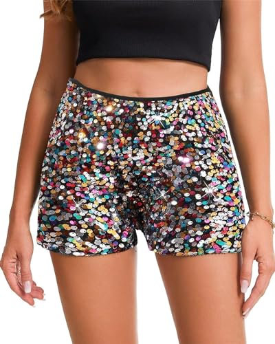 LLECDASEUI Damen-Shorts mit Pailletten, hoher elastischer Taille, geradem Bein, solide Glitzer-Party-Shorts (Bunt,M)