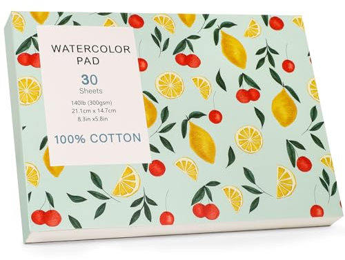 Blocco di carta per acquerelli, 300 g/m², formato A5, in cotone, per acquerelli, 30 fogli, stampa a freddo, per artisti, studenti, pittura artistica, disegno, tecnica mista