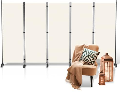 Hebitod Raumteiler auf Rollen, 5 Teilig Klappbar Freistehend Trennwand Paravent, Raumtrenner für Wohnzimmer,Schlafzimmer，Umkleide Sichtschutz Wand, 284x181cm|Beige