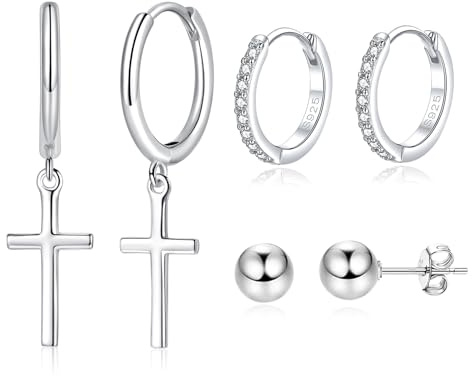 Loutade Silber Ohrringe Set für Damen - 3 Paare 925 Sterling Silber Creolen, Runde Kugel Ohrstecker & Kreuz Ohrhänger - Hypoallergen Schlafen Ohrringe für Frauen