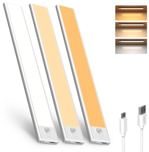ACICILI Unterbauleuchte Küche Led 30CM, 3 Stück Dimmbar Schrankbeleuchtung mit Bewegungsmelder, 450Lm USB Aufladbar Led Lichtleiste für Schlafzimmer, Schrank(Warmweiß)