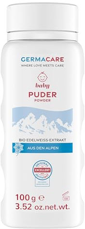GERMACARE Baby Puder 100g - schützt die zarte Babyhaut umfangreich und beugt Hautrisse und Entzündungen vor mit hochwertigen Inhaltsstoffen wie Bio Edelweiss aus den Alpen und Jojobaöl